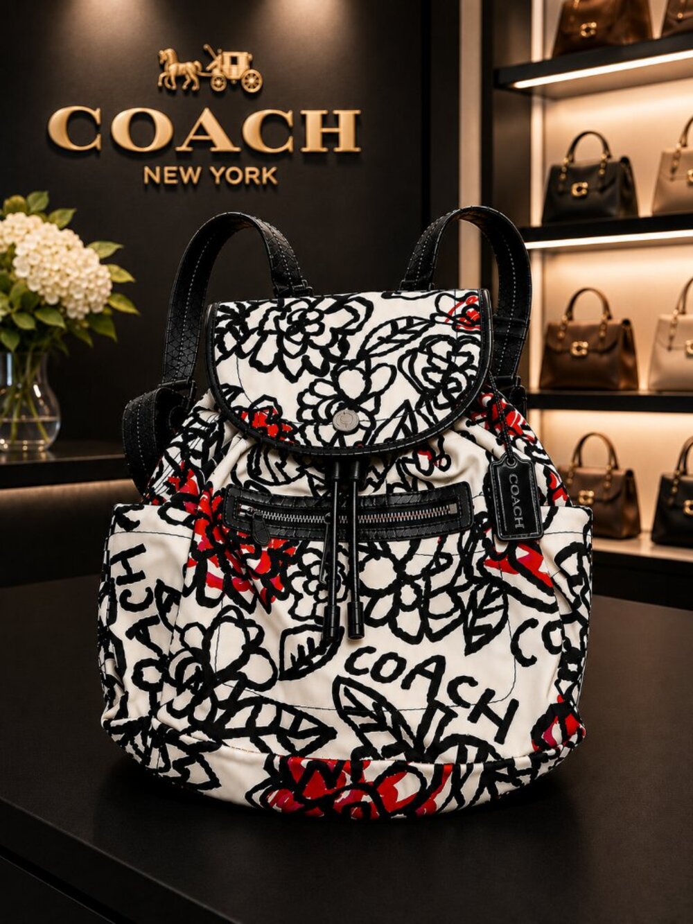 COACH POPPY Daisy Floral Graffiti Drawstring Backpack Bag with Original Hang Tag